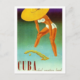 Carte Postale Cuba, île, fille en bikini avec grand chapeau jaun