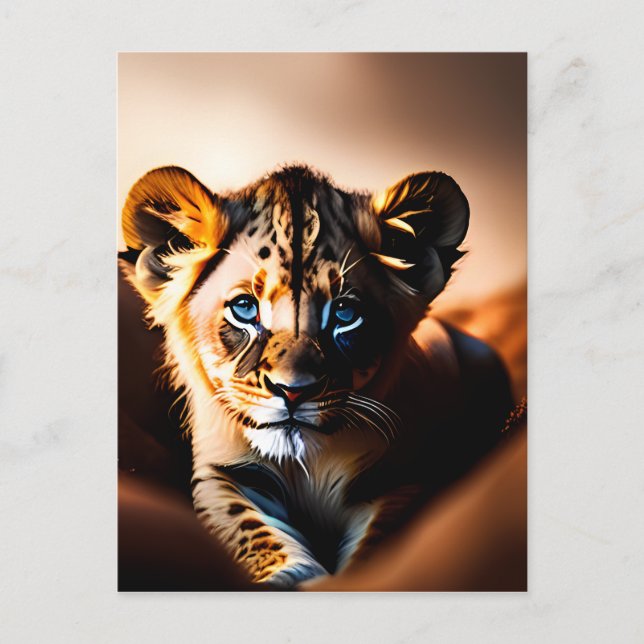 Carte Postale Cube Petit Lion Cub aux yeux bleus (Devant)