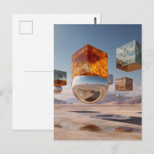 Carte Postale Cubes flottants surréalistes et sphère réfléchissa