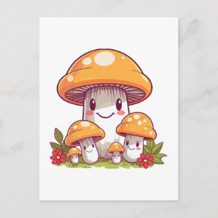 Carte Postale Cueillette de champignons, style kawaii heureux