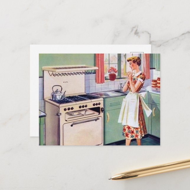Carte Postale cuisinière rétro cuisine vintage (Devant/Arrière en situation)