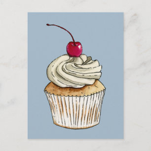 Carte Postale Cupcake à l'aquarelle avec crème et cerise
