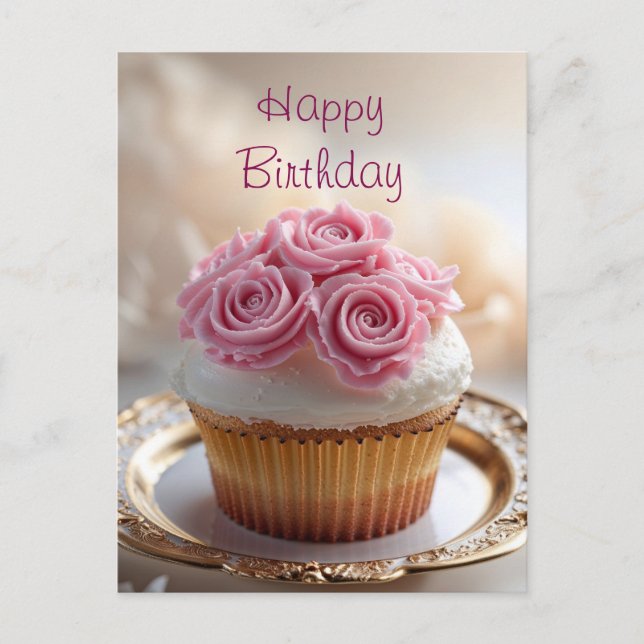 Carte Postale Cupcake Joyeux Anniversaire avec Roses Crème Rose  (Devant)