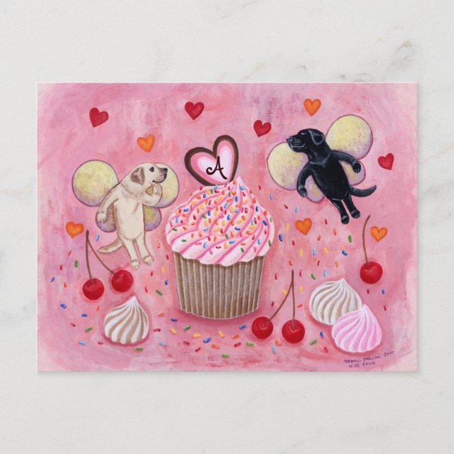 Carte Postale Cupcake monogrammé et fées du Labrador (Devant)