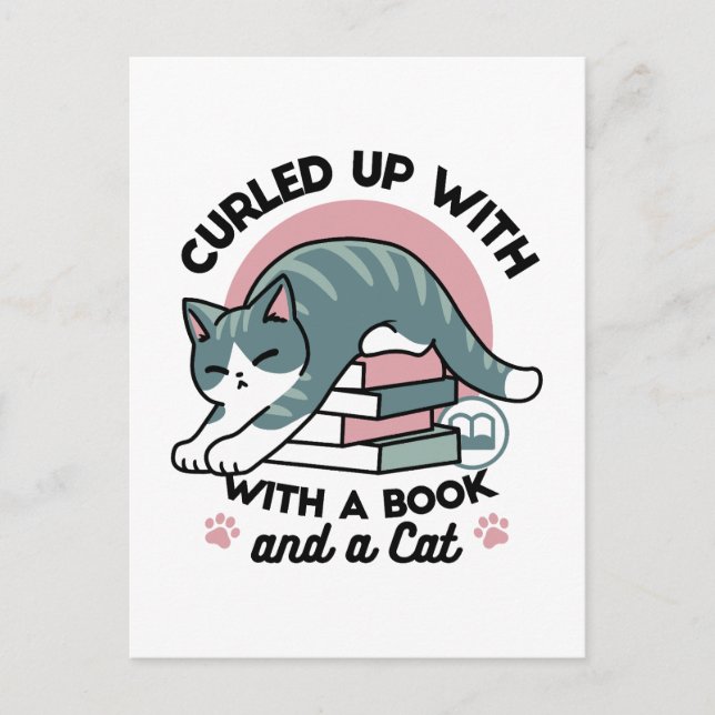 Carte Postale Curieux avec un livre et un chat - Lecture confort (Devant)