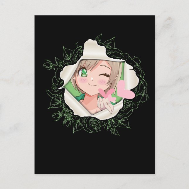 Carte Postale Cute Anime Girl Kawaii Coeurs Aimer Otaku (Devant)
