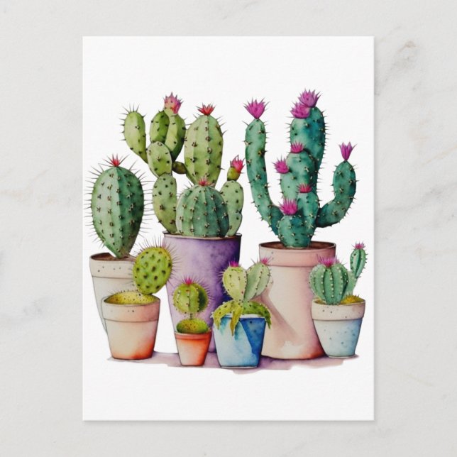 Carte Postale Cute aquarelle cactus succulents dans les pots (Devant)