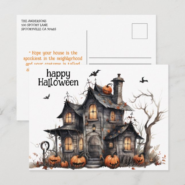 Carte Postale Cute Aquarelle Maison Hantée Halloween (Devant / Derrière)
