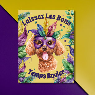 Carte Postale Cute Aquarelle Poodé avec masque Mardi gras