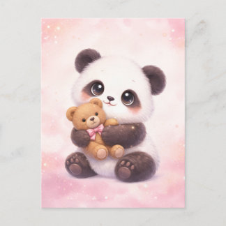 Carte Postale Cute Baby Panda Hugging Teddy Bear Postcard