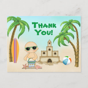 Carte Postale Cute Beach Baby Sandcastle et Surfboard Merci