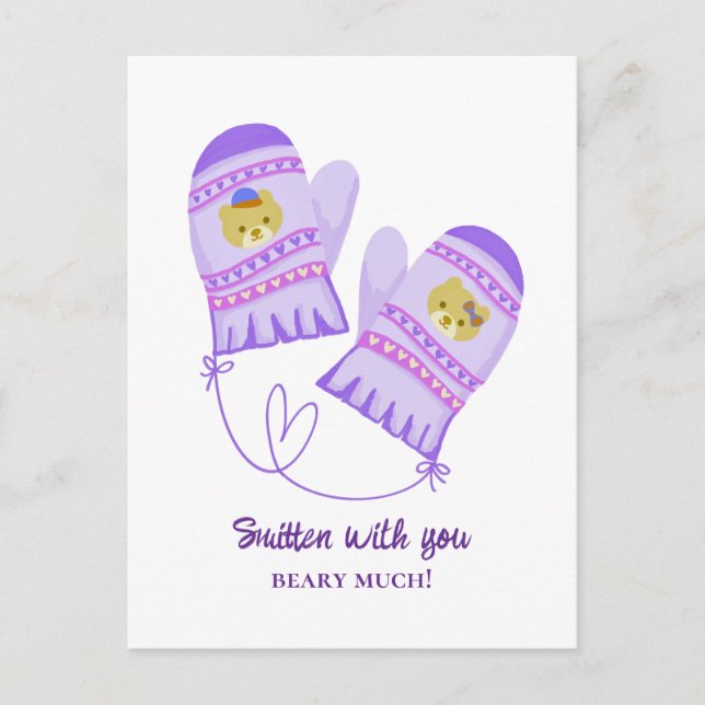 Carte Postale Cute Bears In Love Purple Mittens Valentine's Day  (Devant)