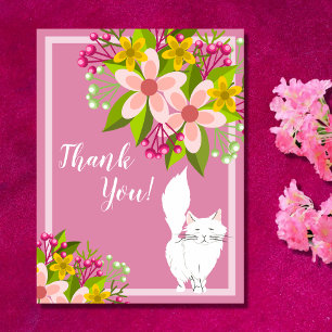 Carte Postale Cute Blanc Fluffy Chat - Fleurs sur Merci rose