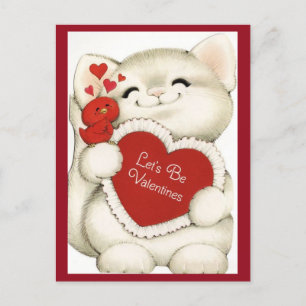 Carte Postale Cute Blanc Kitten & Red Bird Vintage Valentine