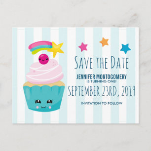 Carte Postale Cute Blue Cupcake Anniversaire Enregistrer la date
