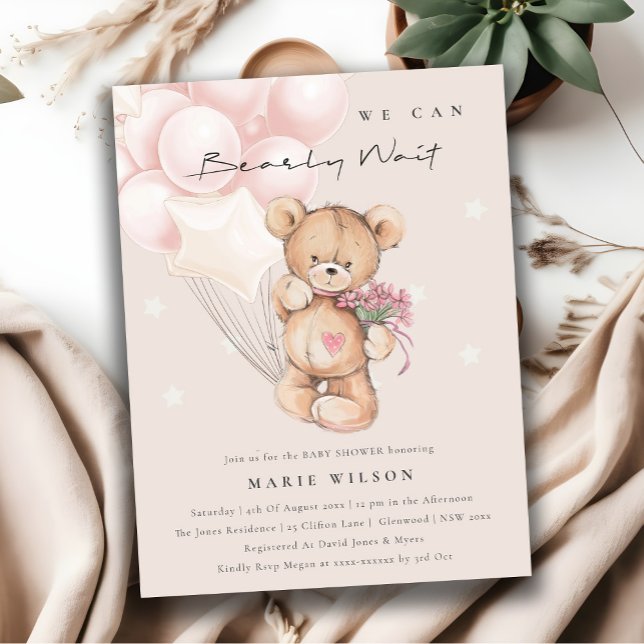 Carte Postale Cute Blush Bear Bearly Wait Balloon Baby Shower (Créateur téléchargé)