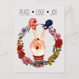 Carte Postale Cute Boho Aquarelle Florale Octopus Paix Amour Joi