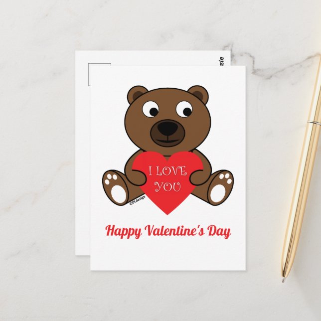 Carte Postale Cute Brown Coeur Ours Je t'aime Valentines Jour (Devant/Arrière en situation)