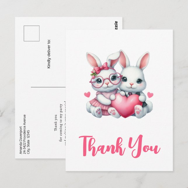 Carte Postale Cute Bunnies Sharing a Heart Thank You (Devant / Derrière)