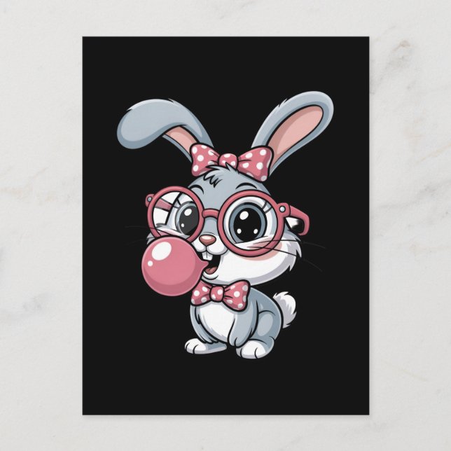 Carte Postale Cute Bunny with Glasses Blowing Bubble Gum (Devant)