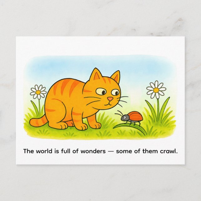 Carte Postale Cute Cartoon Cat Watching Ladybug in Meadow (Devant)