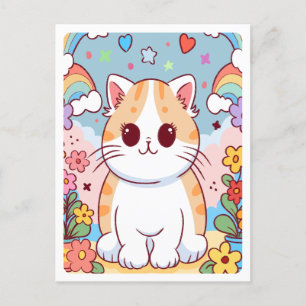 Carte Postale Cute Cartoon Kitty Chat, Fleurs, Arcs-en-ciel