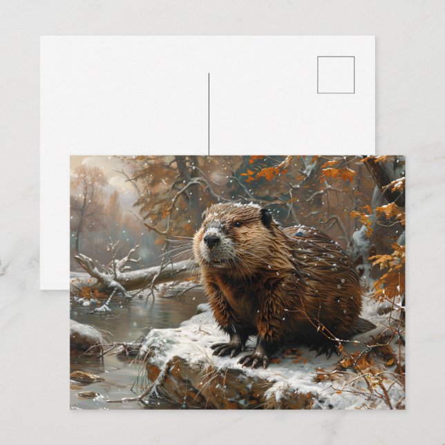 Carte Postale Cute castor pendant la peinture à l'huile d'hiver (Devant / Derrière)