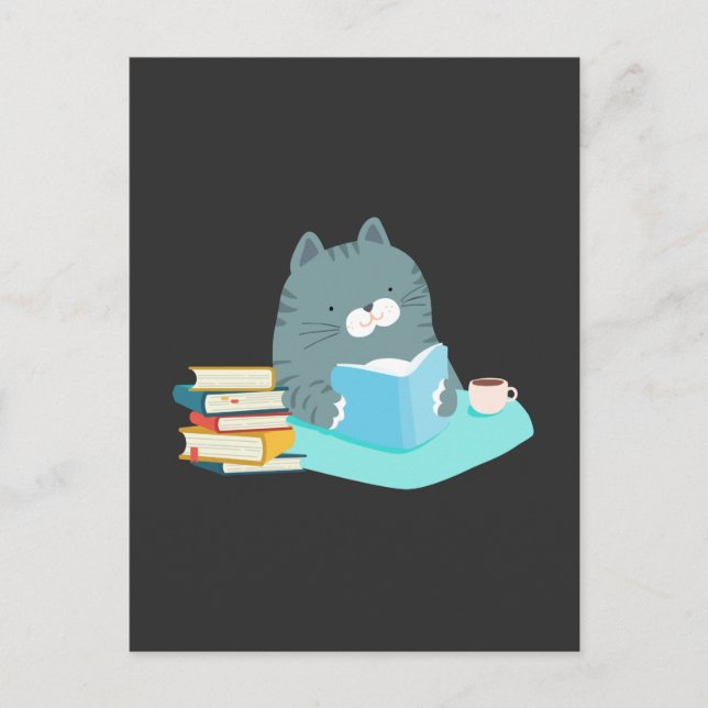 Carte Postale Cute Cat Lecture Livre Coffee Lover Bookworm (Devant)