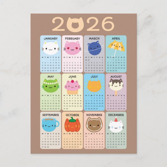 Carte Postale Cute Cats & Kawaii Kittens 2026 Calendrier (Devant)
