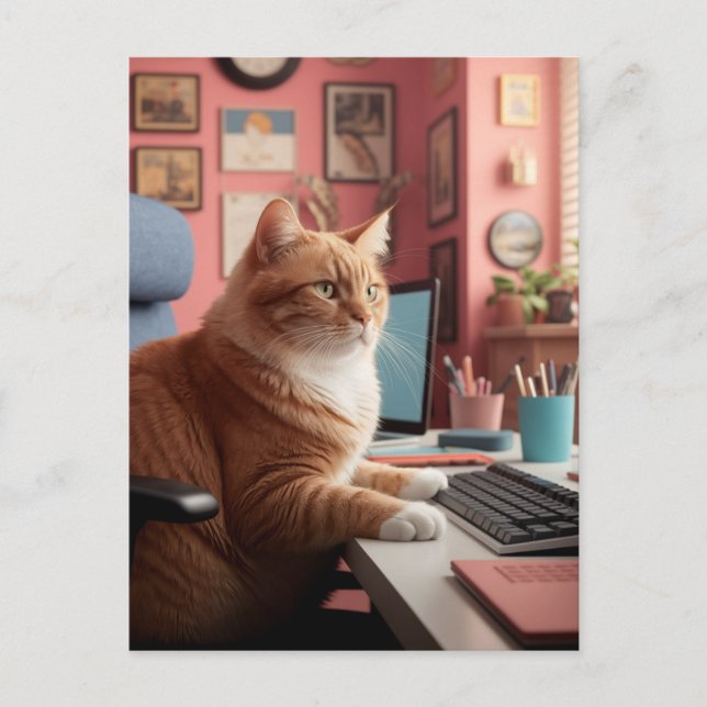 Carte Postale Cute Chat Au Travail (Devant)