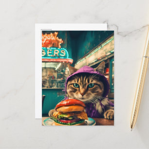 Carte Postale Cute Chat dans le dîner avec un Cheeseburger