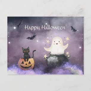 Carte Postale Cute chat et Fantôme Halloween
