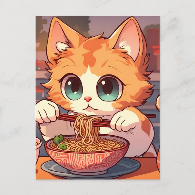 Carte Postale Cute Chat Mange Ramen nouilles (Devant)