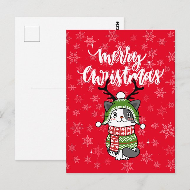 Carte Postale Cute Chat Noël Stocking fourchettes Galore (Devant / Derrière)