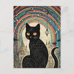 Carte Postale Cute chat noir avec arc-en-ciel dans la ville