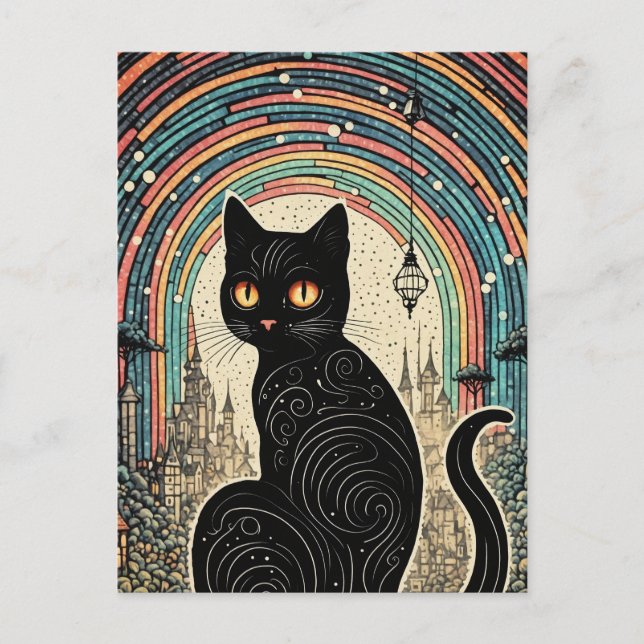 Carte Postale Cute chat noir avec arc-en-ciel dans la ville (Devant)