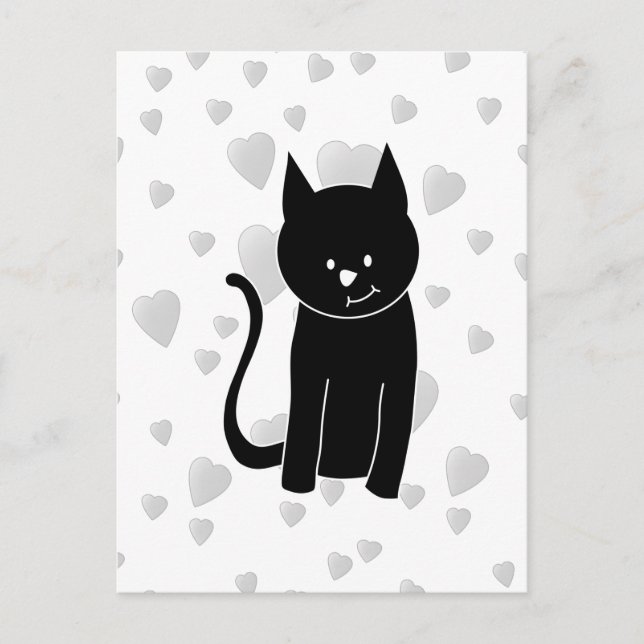 Carte Postale Cute Chat Noir avec Coeurs. (Devant)