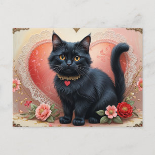 Carte Postale Cute Chat Noir avec Fleurs