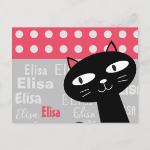Carte Postale Cute Chat Noir Pois Rose Ajouter Votre Nom