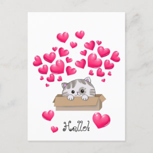 Carte Postale Cute chaton dans une boîte et les coeurs roses