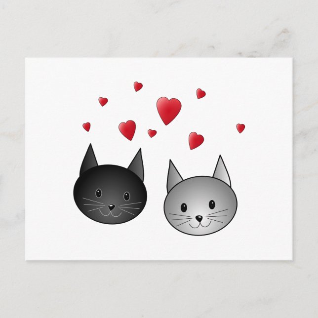 Carte Postale Cute Chats Noirs et Gris, avec Coeurs. (Devant)