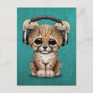 Carte Postale Cute Cheetah Cub Dj Porte un casque bleu