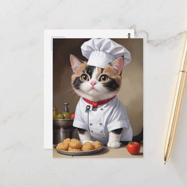 Carte Postale Cute Chef Chat avec Cuisine amusante de pâtes (Devant/Arrière en situation)