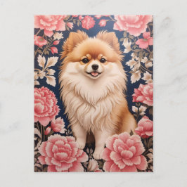Carte Postale Cute Chien Poméranien Rose Floral