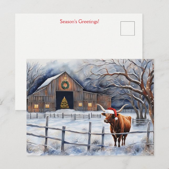 Carte Postale Cute Christmas Holiday Cow and Barn Country (Devant / Derrière)