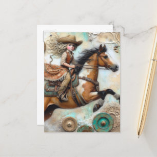 Carte Postale Cute Cowgirl sur un Cheval Pinto