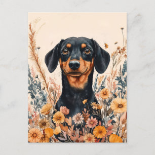 Carte Postale Cute Dachshund avec peinture Fleur sauvage