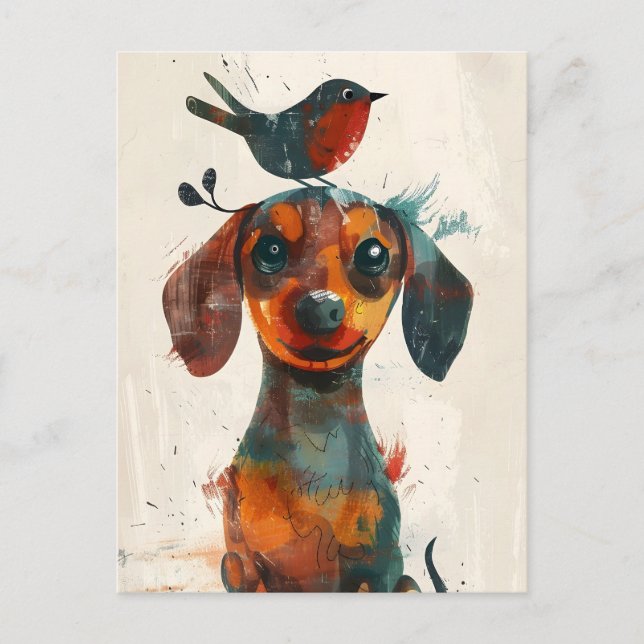 Carte Postale Cute Dachshund avec un oiseau peint main (Devant)