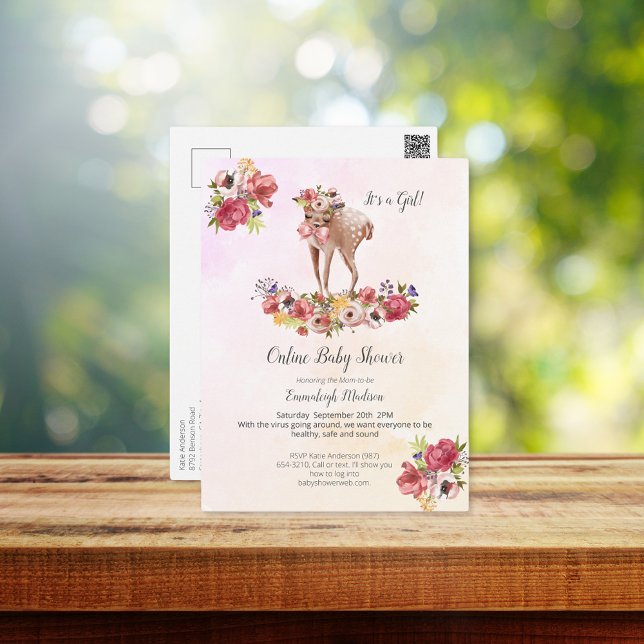 Carte Postale Cute Deer Baby shower en ligne Boho Chic Floral (Créateur téléchargé)