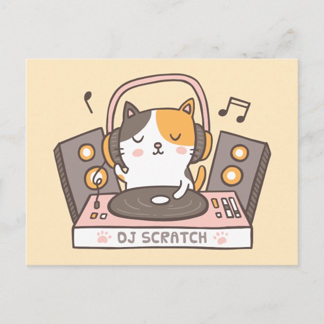 Carte postale Cute DJ Scratch Kitty Cat Pun (Devant)